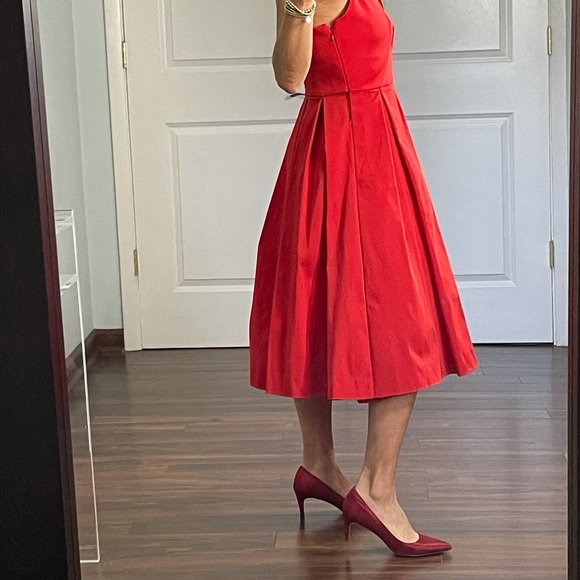 J Crew Red A line V Neck Full Skirt Midi Dress 00 - Picture 9 of 10